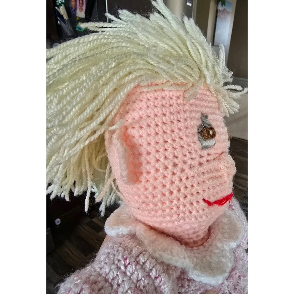 Vintage Handmade Crochet Doll Blonde Hair Pink Dress Amigurumi Soft Toy‎ Plush